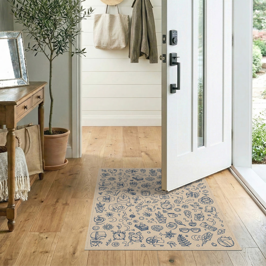 Blue Sketch Doodle Area Rug