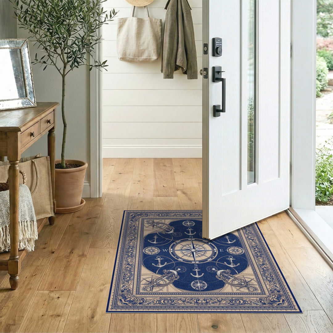 Blue and Teal Blue Nautical Compass Anchor Area Rug