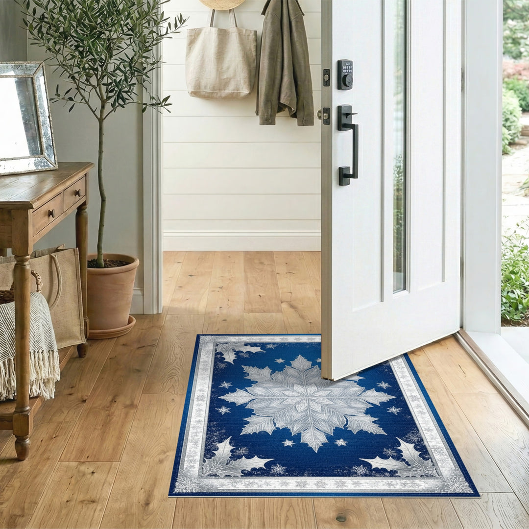 Silver Snowflake Holly Blue Area Rug