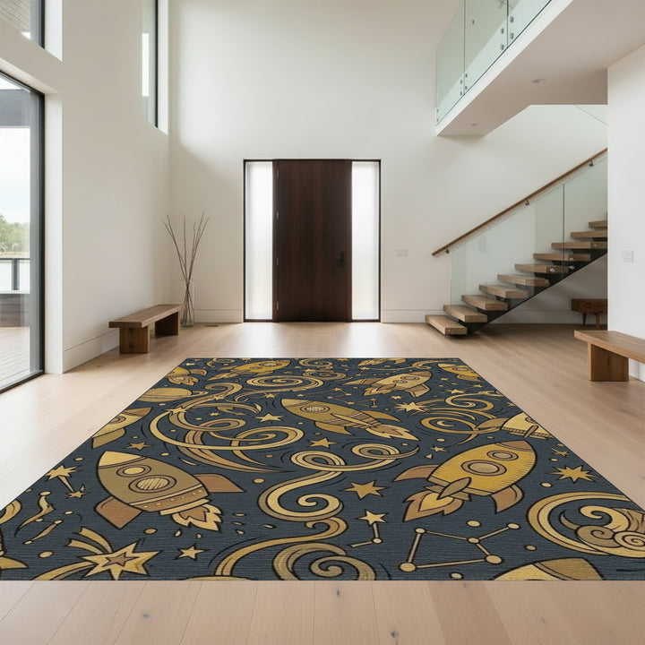Golden Rockets Swirling Cosmic Nebula Rug