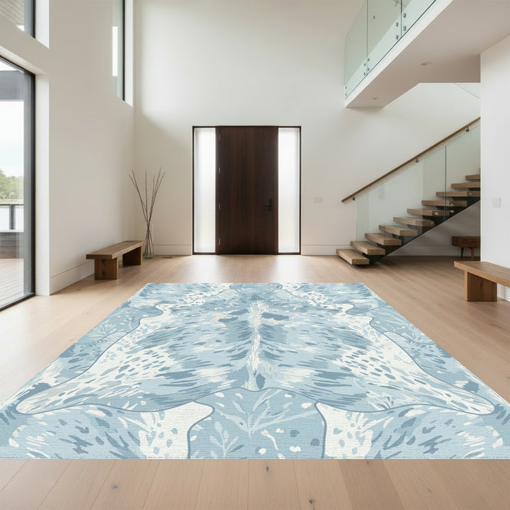 Blue White Watercolor Foliage Medallion Rug