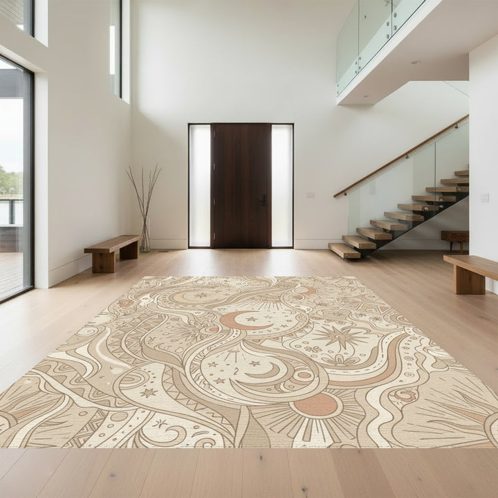 Earthy Celestial Sun Moon Stars Rug