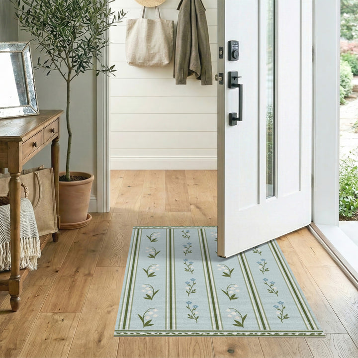 Blue Floral Stripe Lily Area Rug