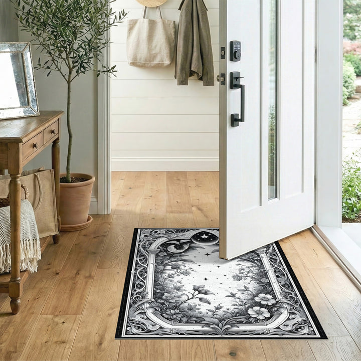 Black and White Celestial Floral Black White Area Rug