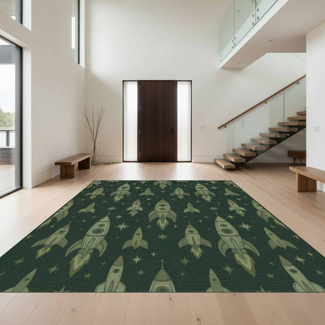 Retro Green Rocket Starburst Print Rug