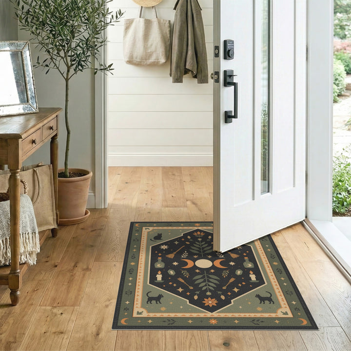 Mystic Cat Moon Green Area Rug