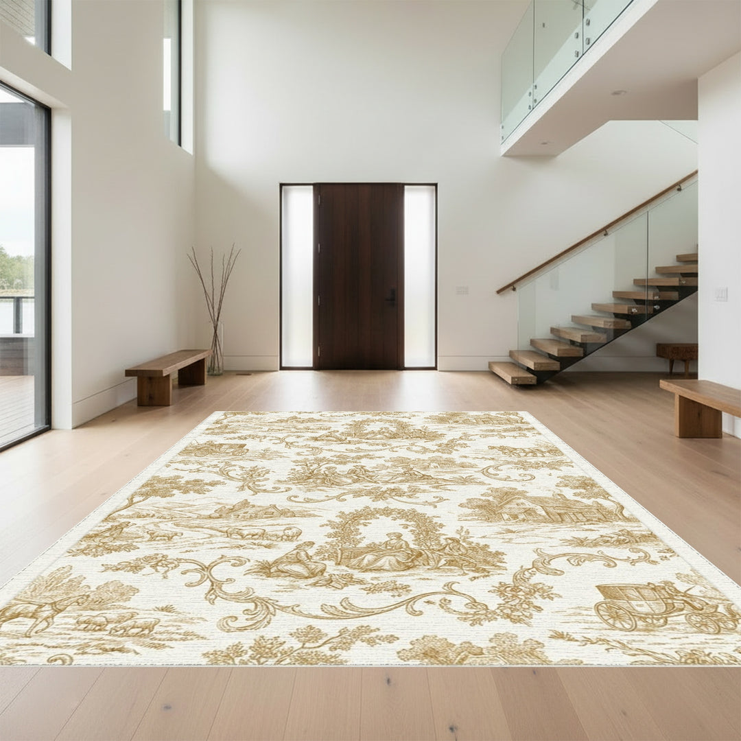 Golden Countryside Carriage Scene Rug