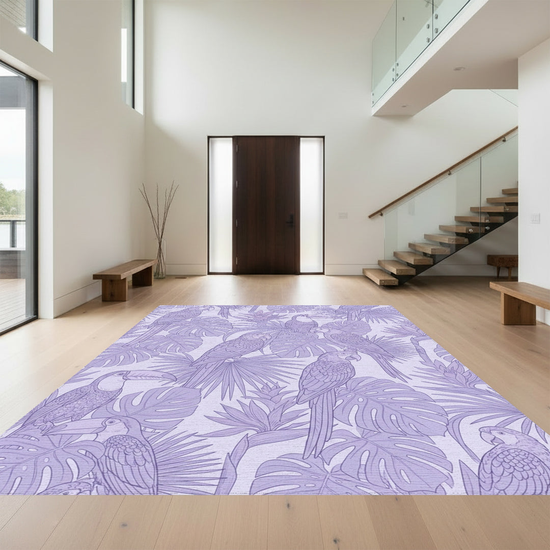 Periwinkle Macaws Toucans Tropical Leaves Rug