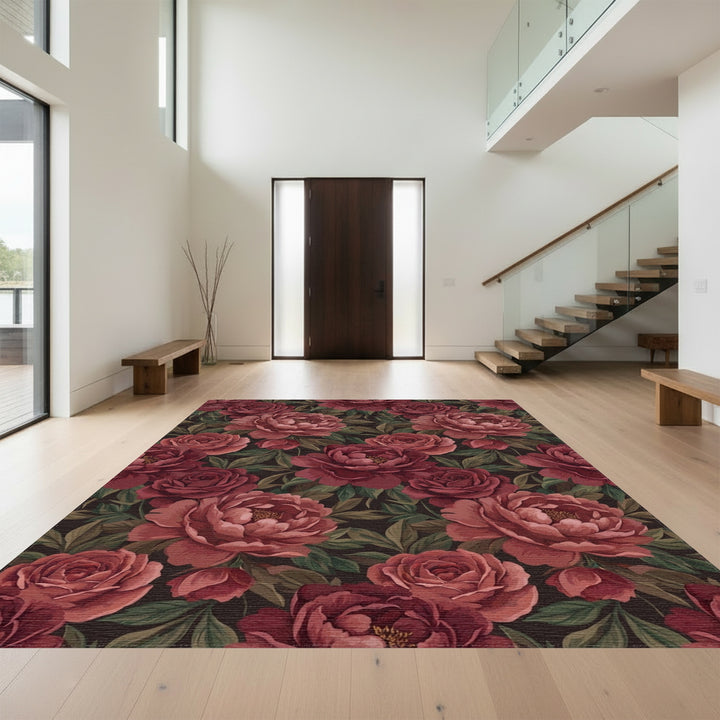Deep Red Floral Garden Bloom Rug