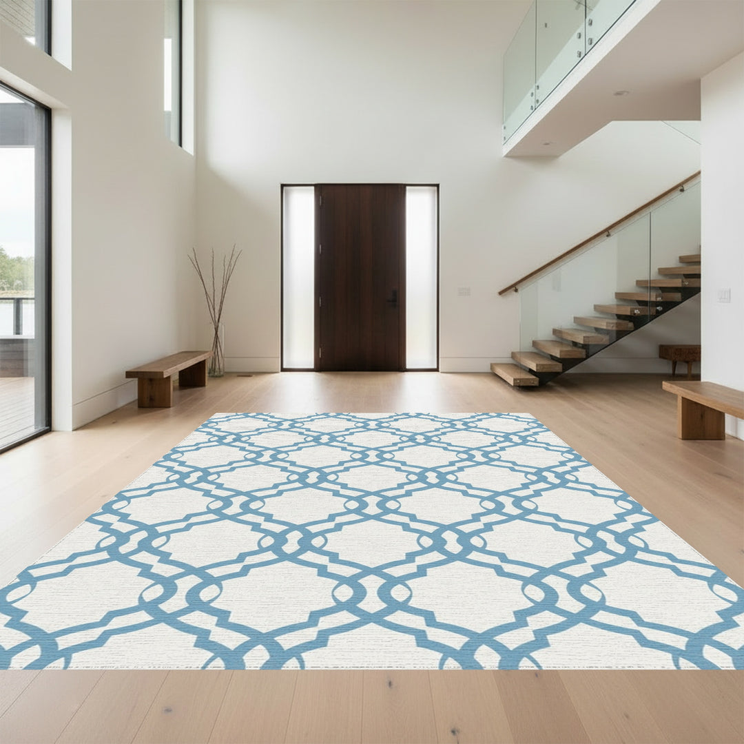 Soft Blue Lattice Trellis Rug