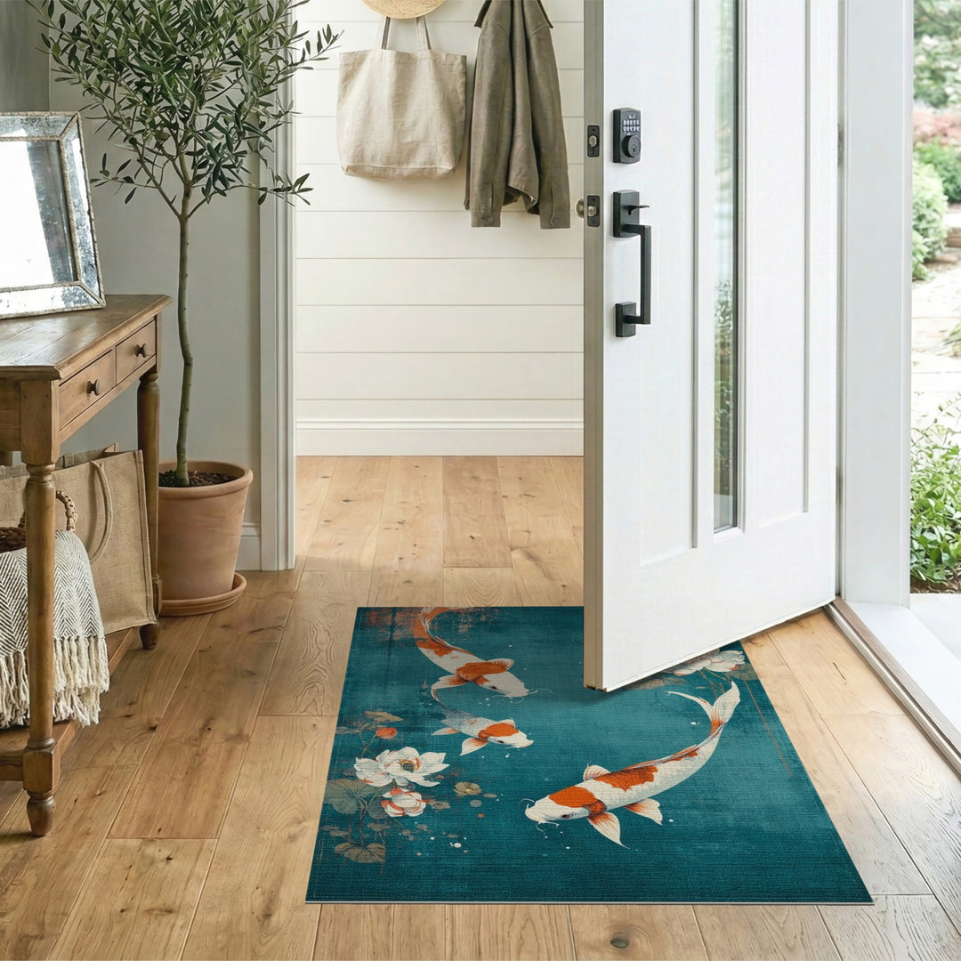 Distressed Vintage Koi Lotus Teal Area Rug