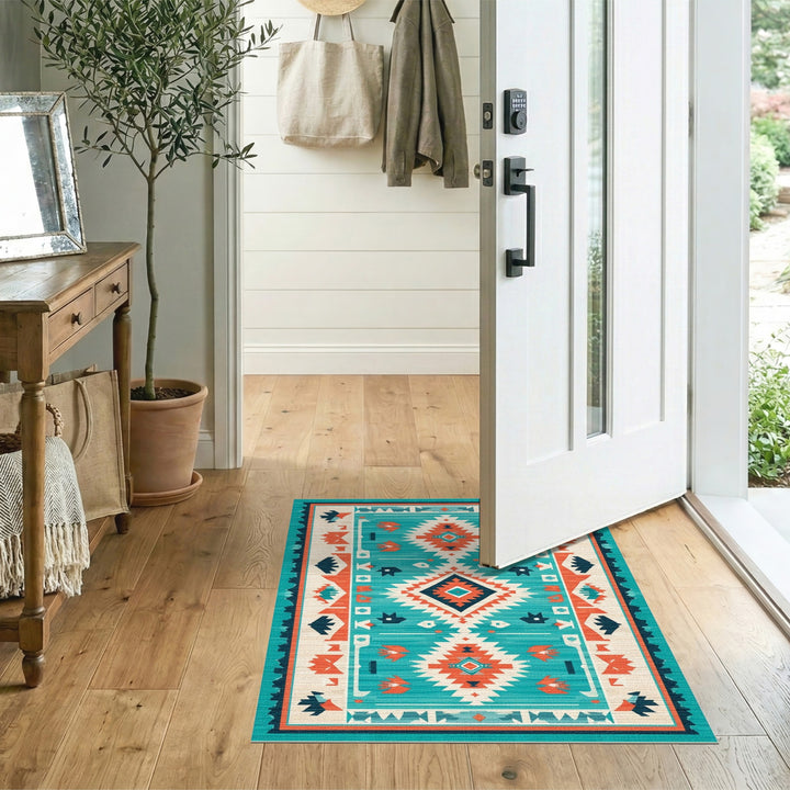 Southwestern Teal Geometric Blue and Teal Area Rug
