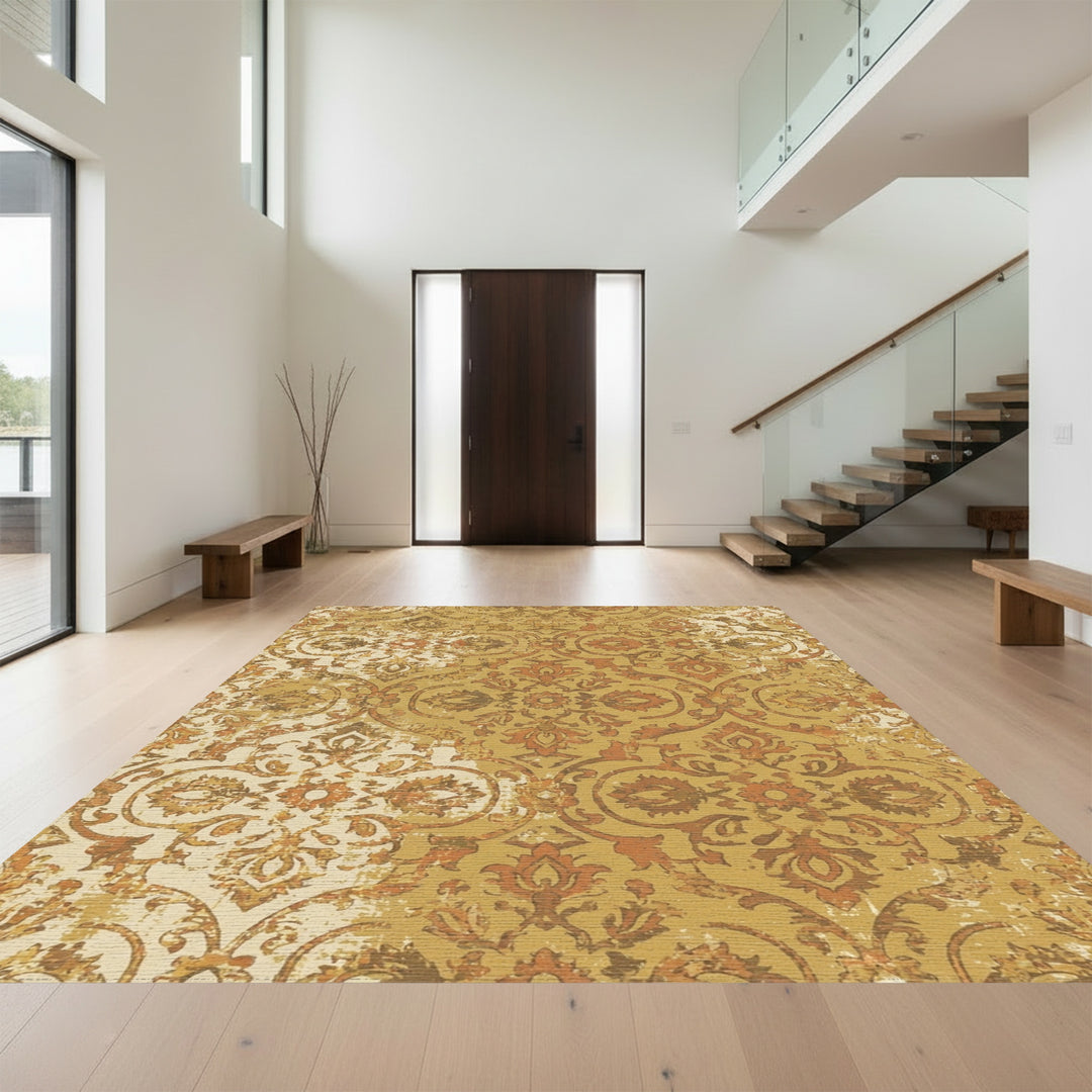 Golden Amber Distressed Floral Damask Rug