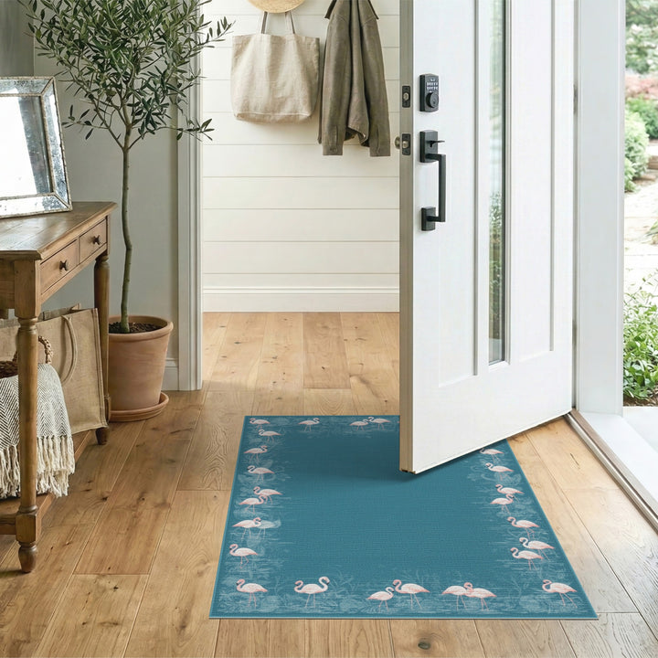 Pink Flamingo Teal Border Washable Area Rug