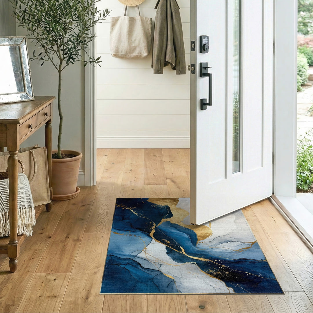 Blue and Teal Navy Blue Gold Marble Abstract Area Rug