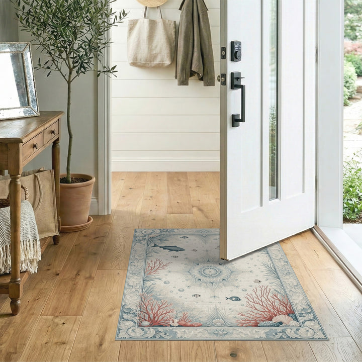 Blue and Teal Blue Teal Fish Coral Coastal Area Rug