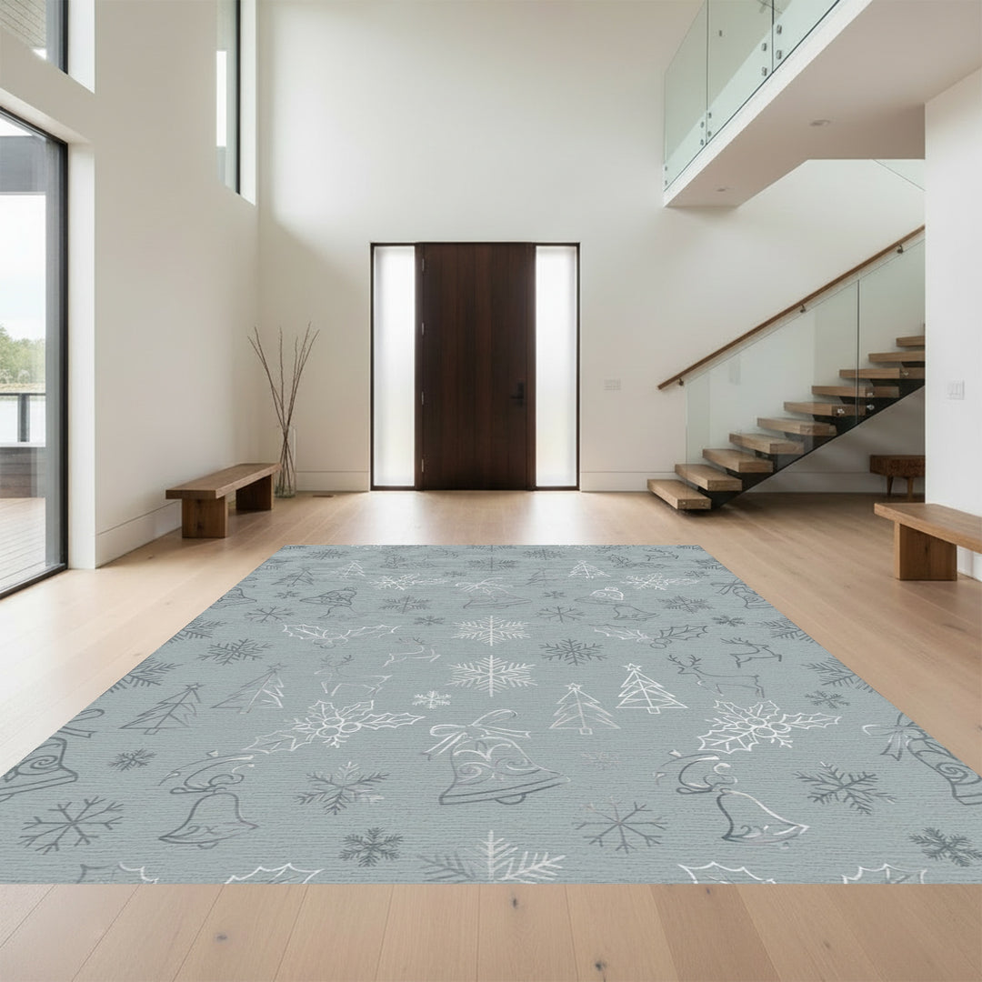 Silver Christmas Icons Snowflakes Reindeer Bells Rug