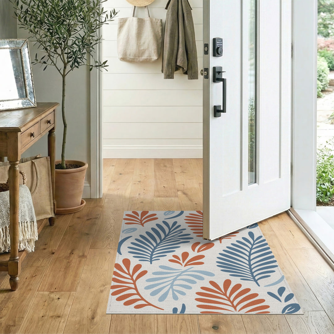 Blue and Orange Abstract Leaf Area Rug