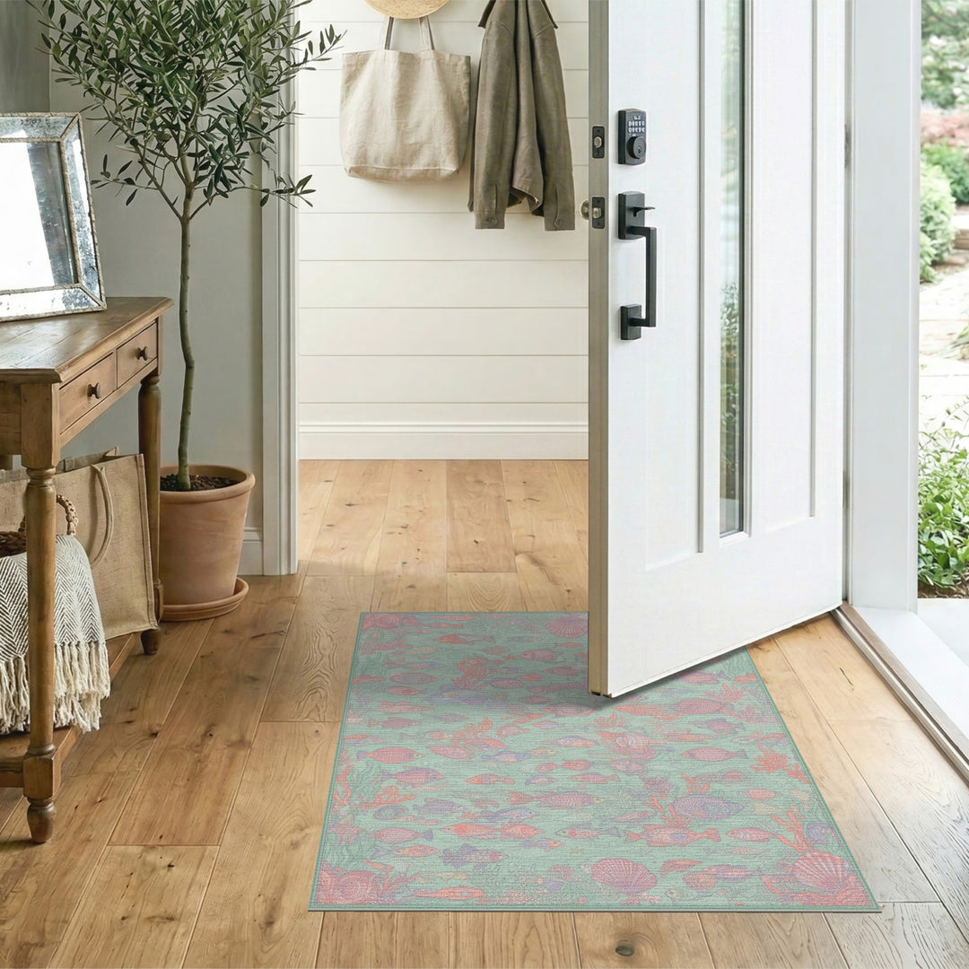 Blue and Teal Ocean Fish Coral Washable Area Rug