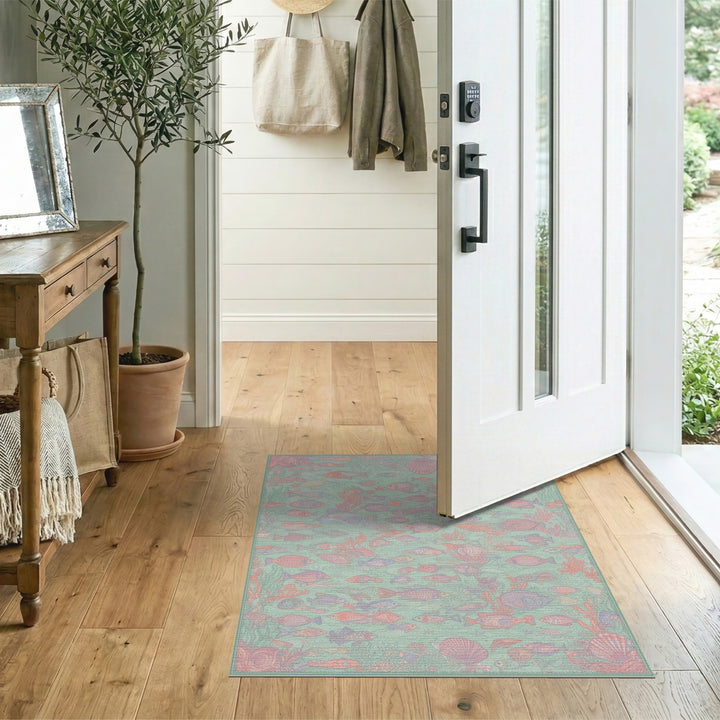 Blue and Teal Ocean Fish Coral Washable Area Rug