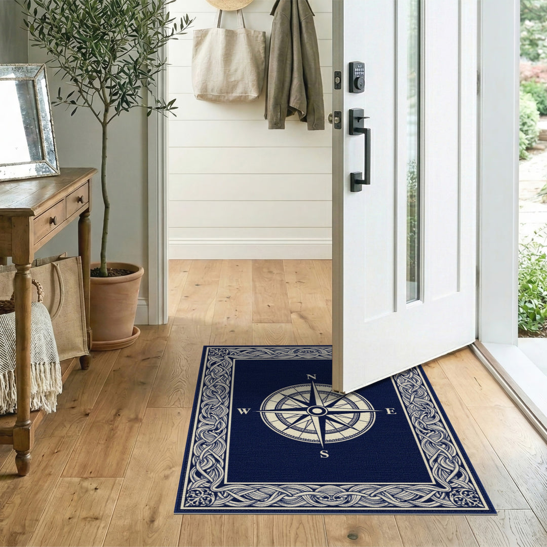 Navy Compass Rose Area Rug with Braided Border