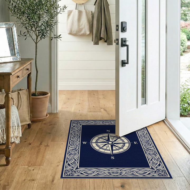 Navy Compass Rose Area Rug with Braided Border