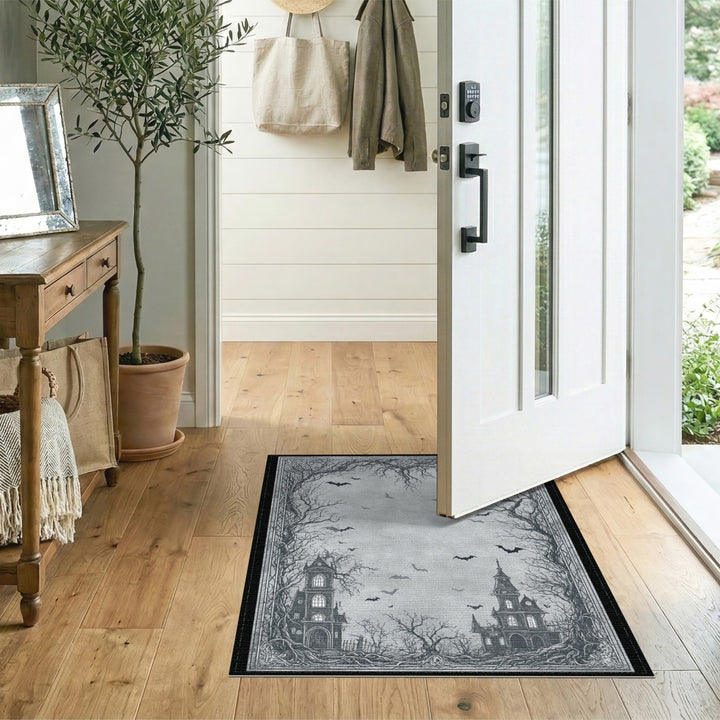 Gothic Haunted Mansion Black White Area Rug