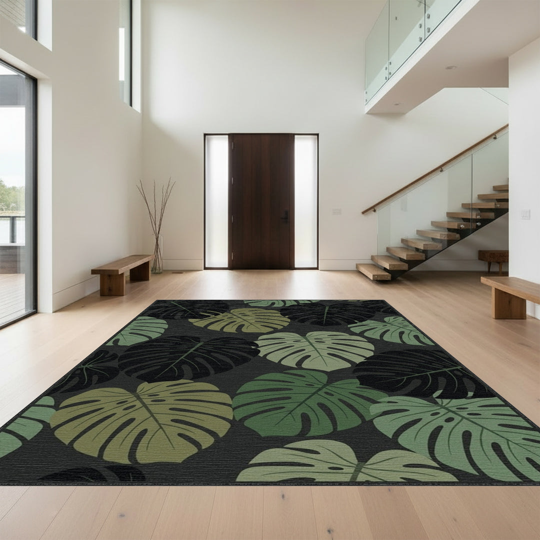 Monstera Leaves Dark Green Woodland Rug