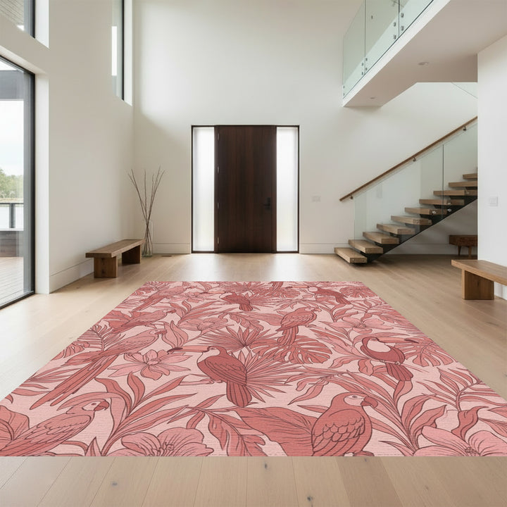 Coral Parrot Toucan Foliage Arrangement Rug