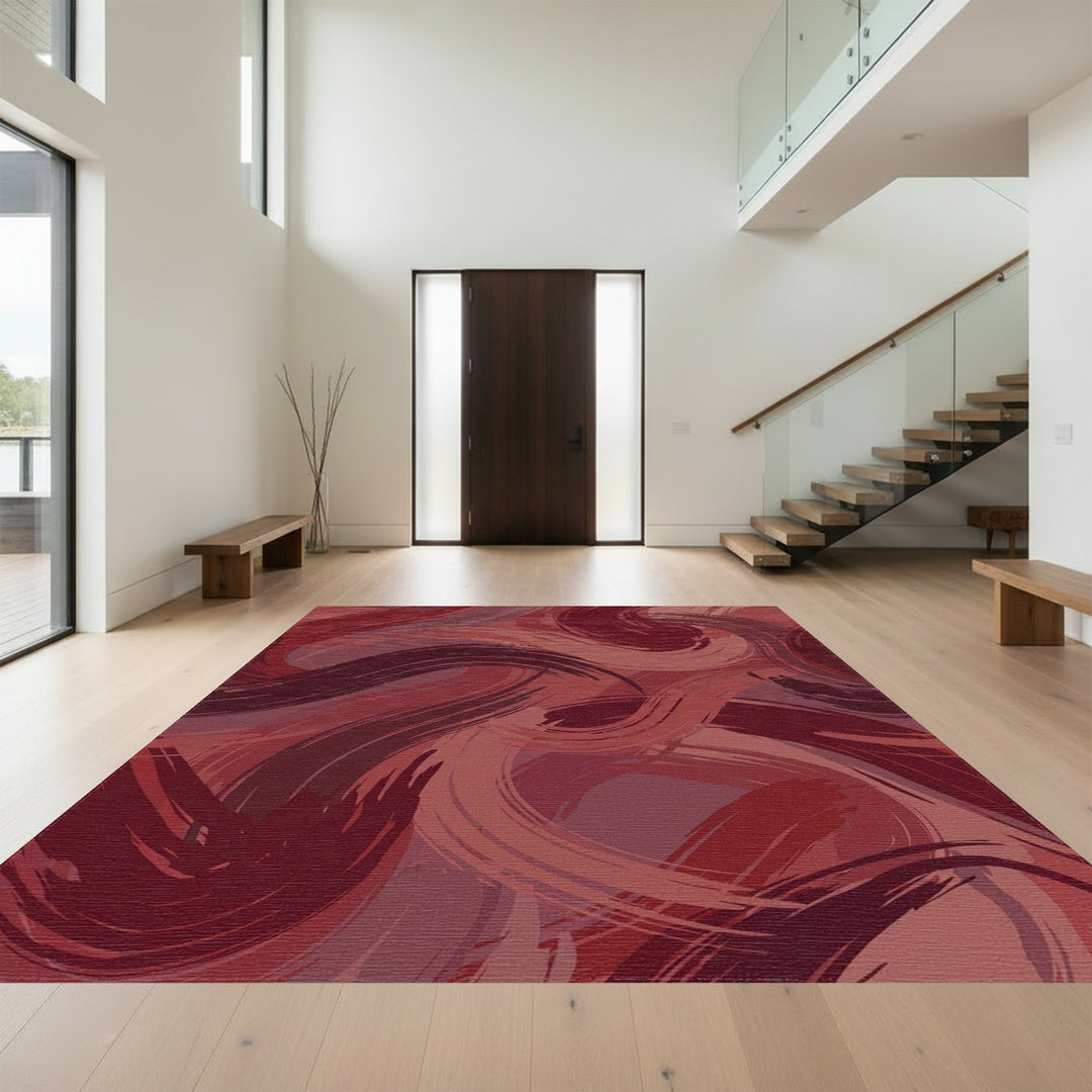 Crimson Swirl Abstract Brushstroke Rug