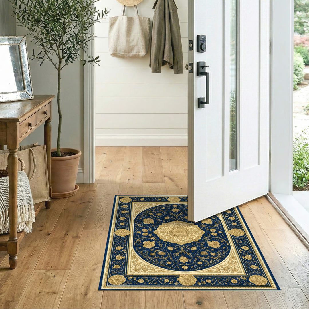 Navy Blue Gold Floral Medallion Persian Rug