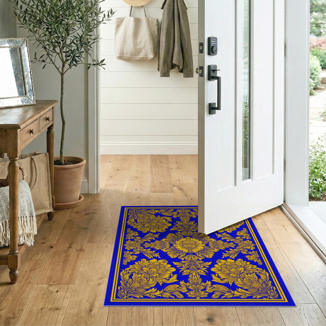 Blue and Gold Floral Vintage Area Rug