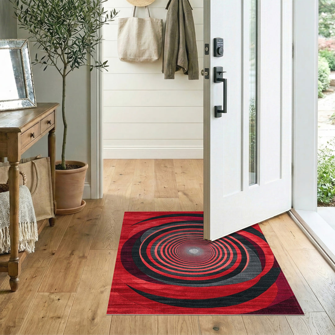 Red Black Concentric Spiral Area Rug