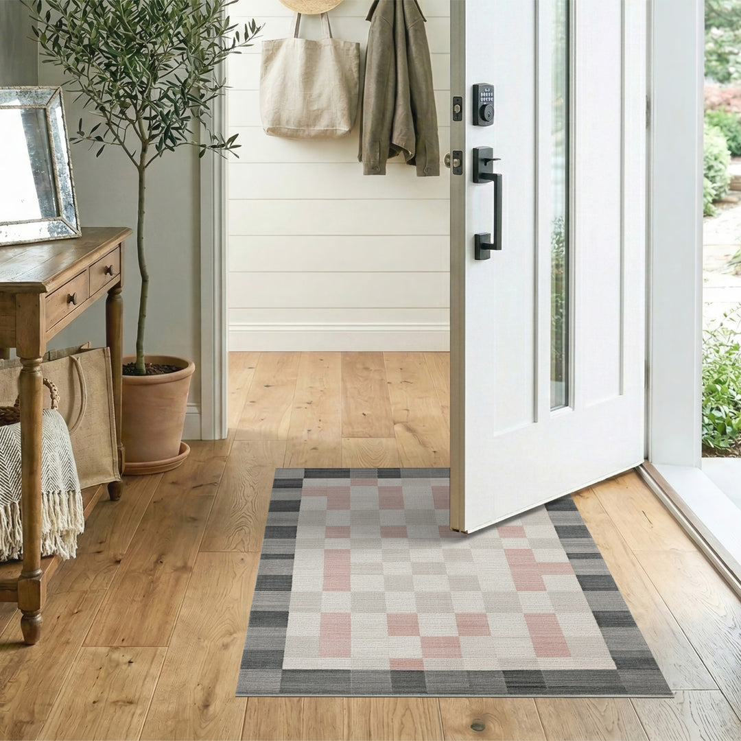 Grey Pink Checkered Geometric Area Rug
