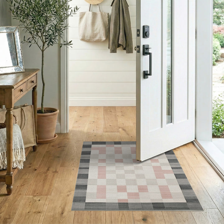 Grey Pink Checkered Geometric Area Rug