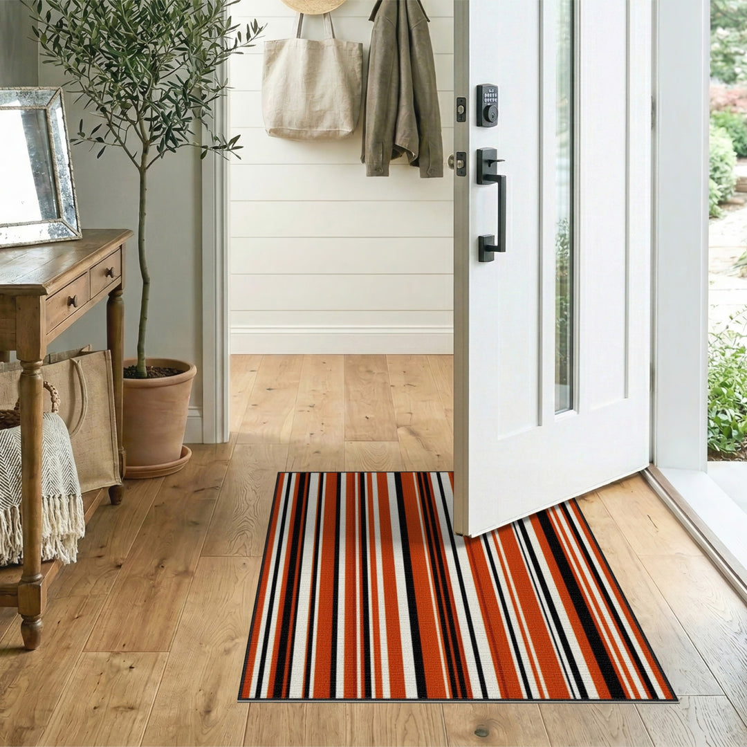 Bold Orange Black Striped Washable Area Rug