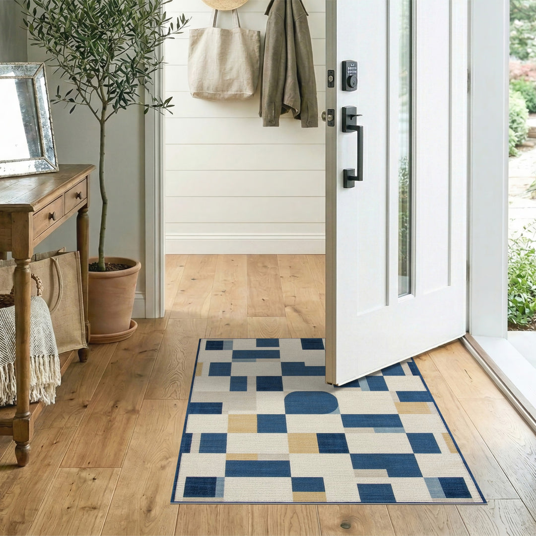 Blue Geometric Area Rug with Abstract Shapes