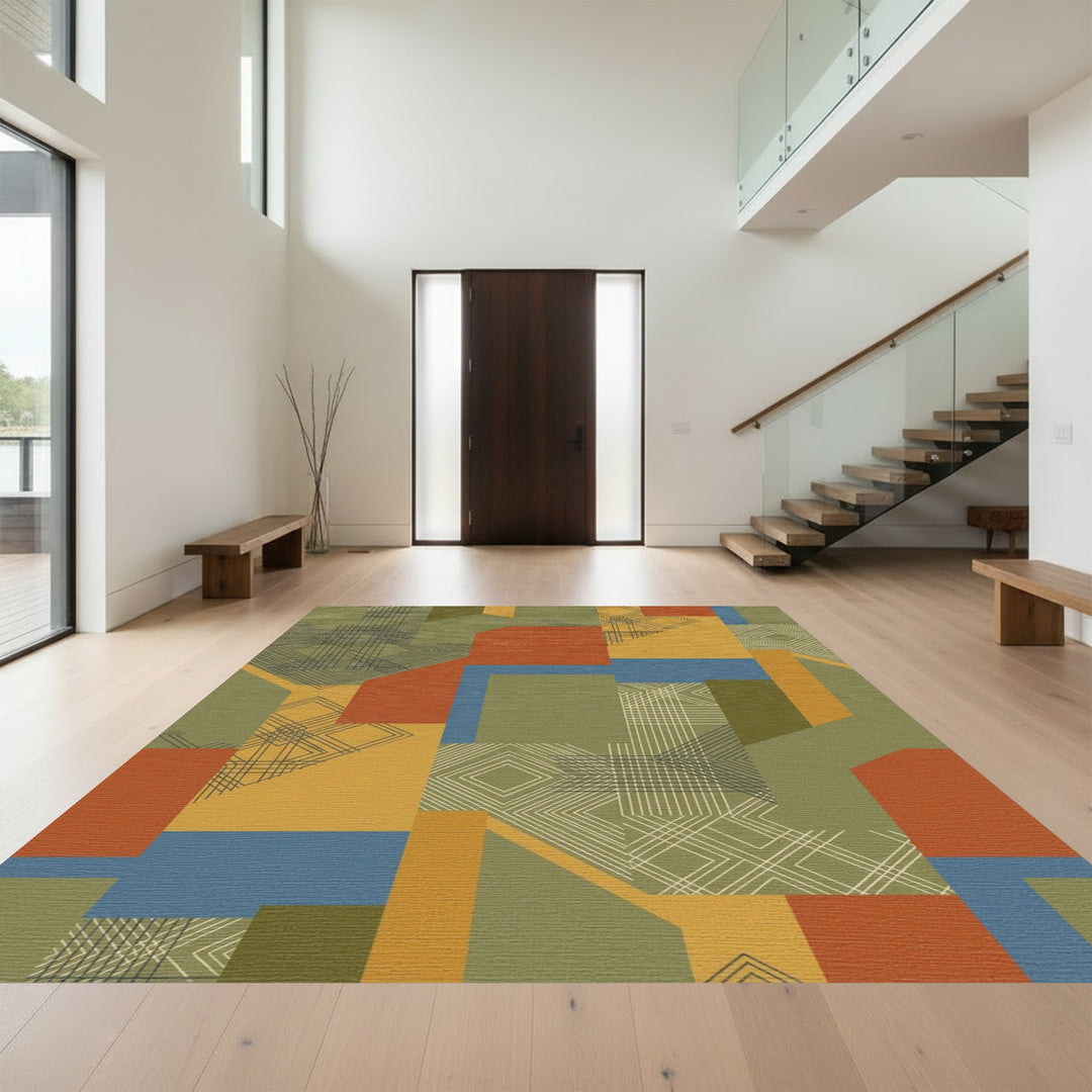 Retro Geometric Blocks Abstract Rug