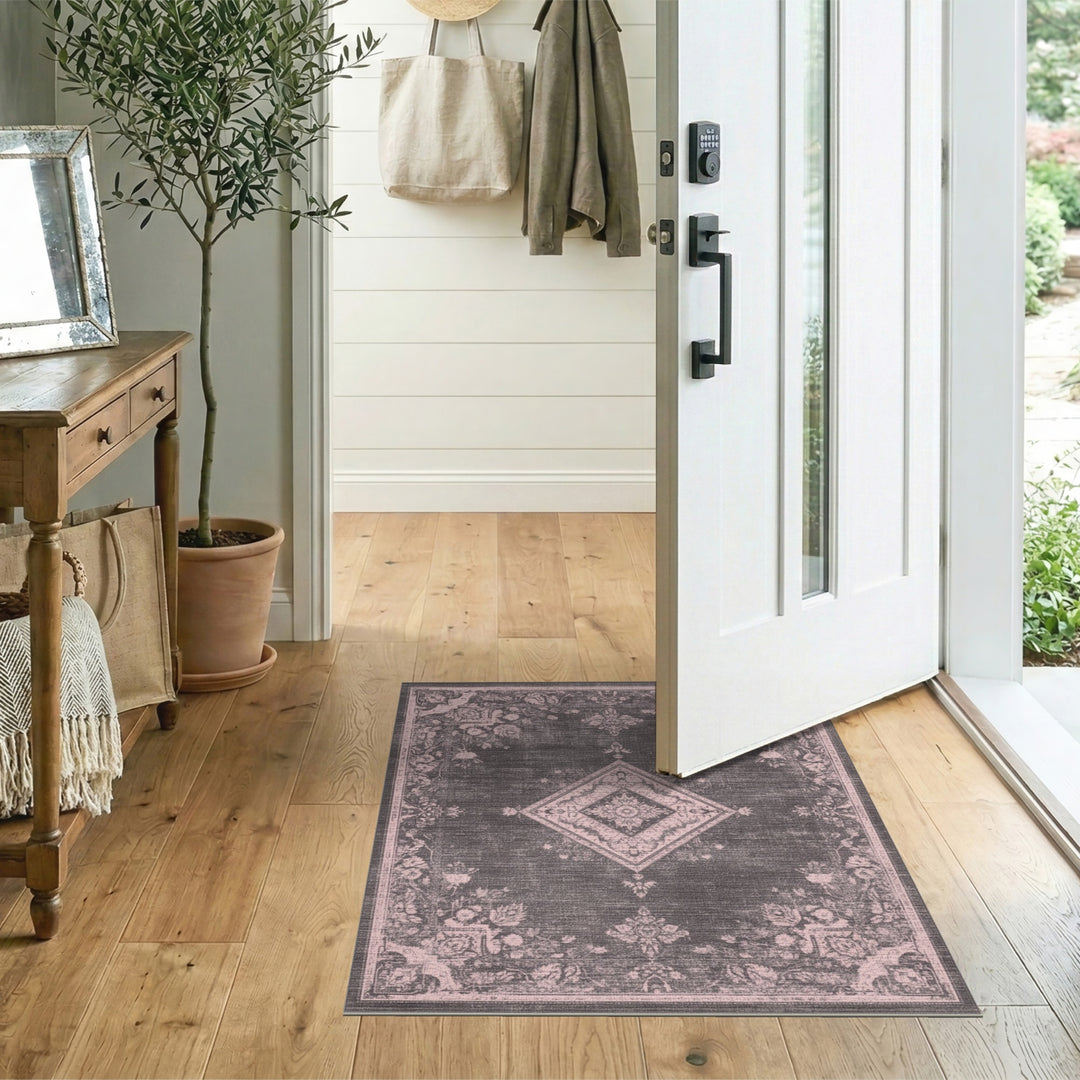 Grey Distressed Vintage Floral Diamond Area Rug