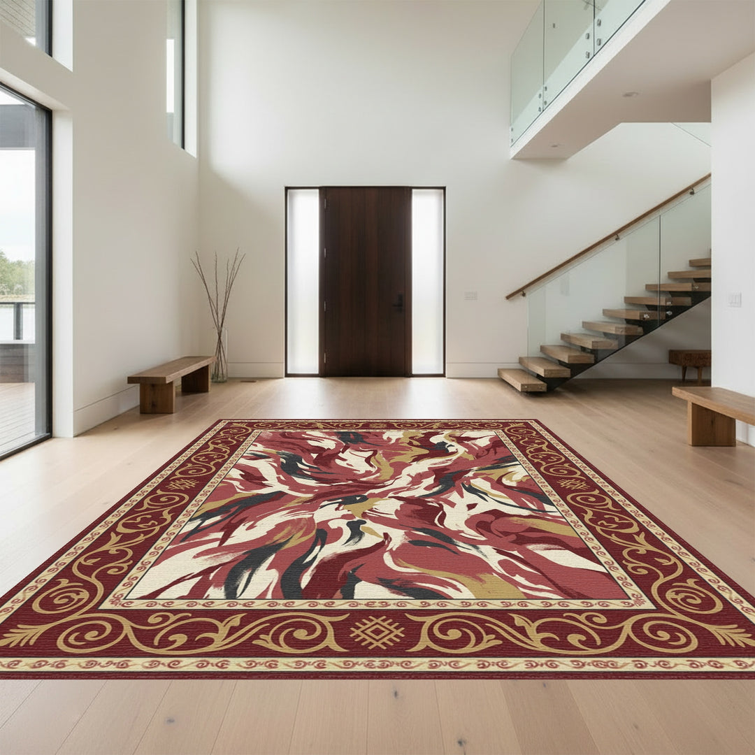 Crimson Abstract Brushstroke Border Rug