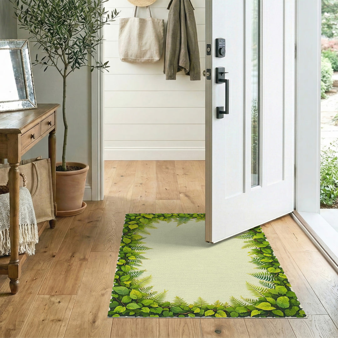 Lush Green Fern Leaf Border Area Rug