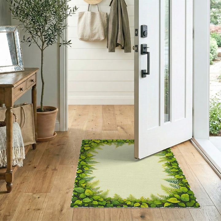 Lush Green Fern Leaf Border Area Rug