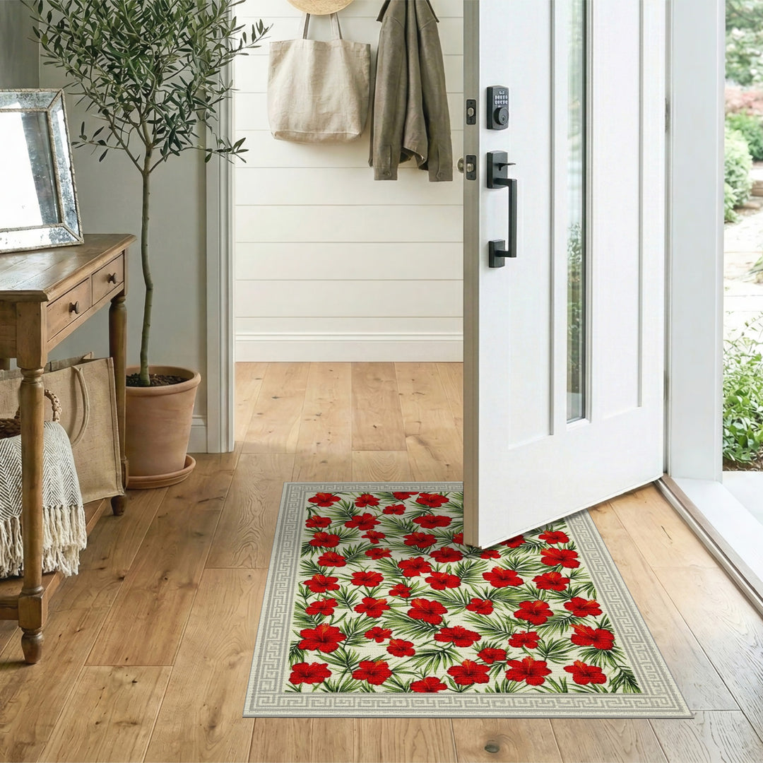 Floral Vintage Red Hibiscus Floral Area Rug