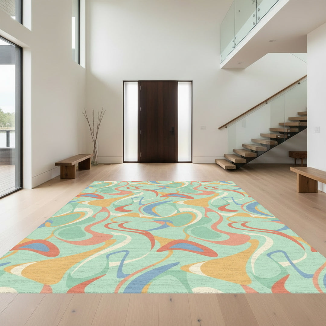Retro Swirl Abstract Peach Blue Cream Rug