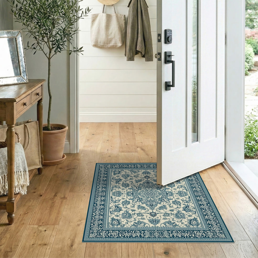 Blue Teal Floral Vintage Area Rug