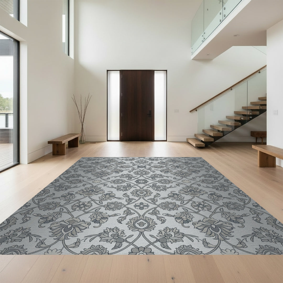 Silver Gray Vintage Floral Damask Rug