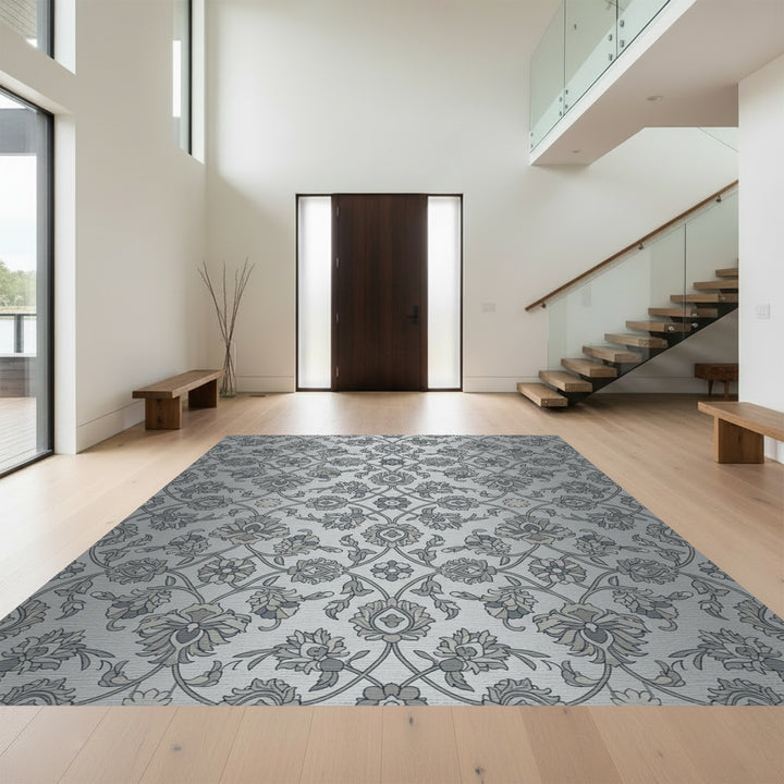 Silver Gray Vintage Floral Damask Rug