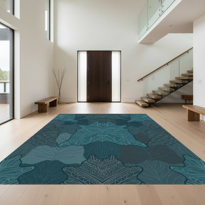 Deep Teal Mandala Leaf Collage Rug