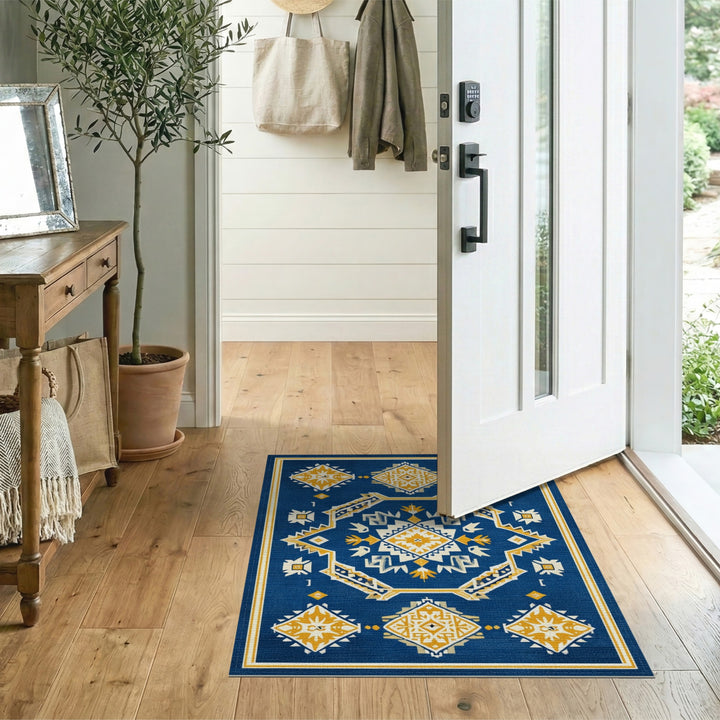 Blue Southwestern Area Rug with Yellow Accents