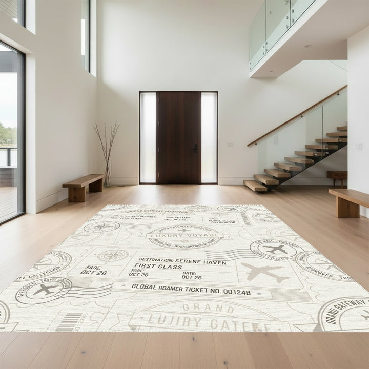Vintage Travel Stamp Airplane Motif Rug
